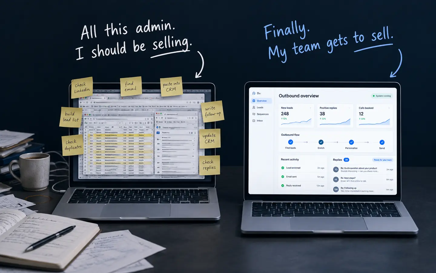 Before: manual outbound with spreadsheets and sticky notes. After: automated system running by your team.
